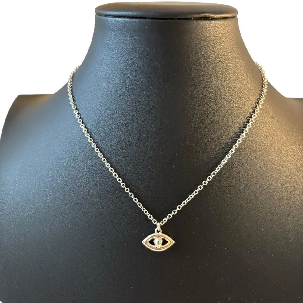 Delicate Evil Eye Pendant w/ Clear Pave Crystals & Blue Stone.